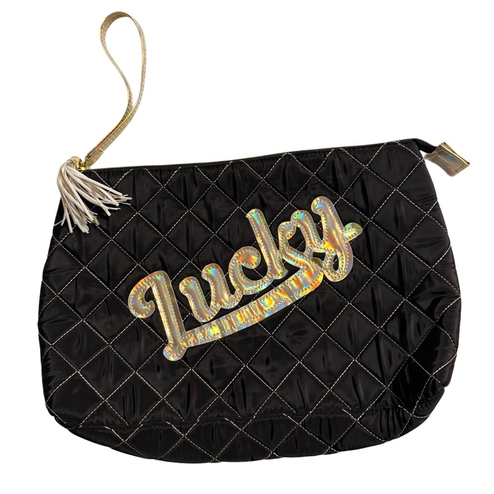 NWOT “Lucky” Large Black Quilted Cosmetics Bag With Gold Holographic Accents